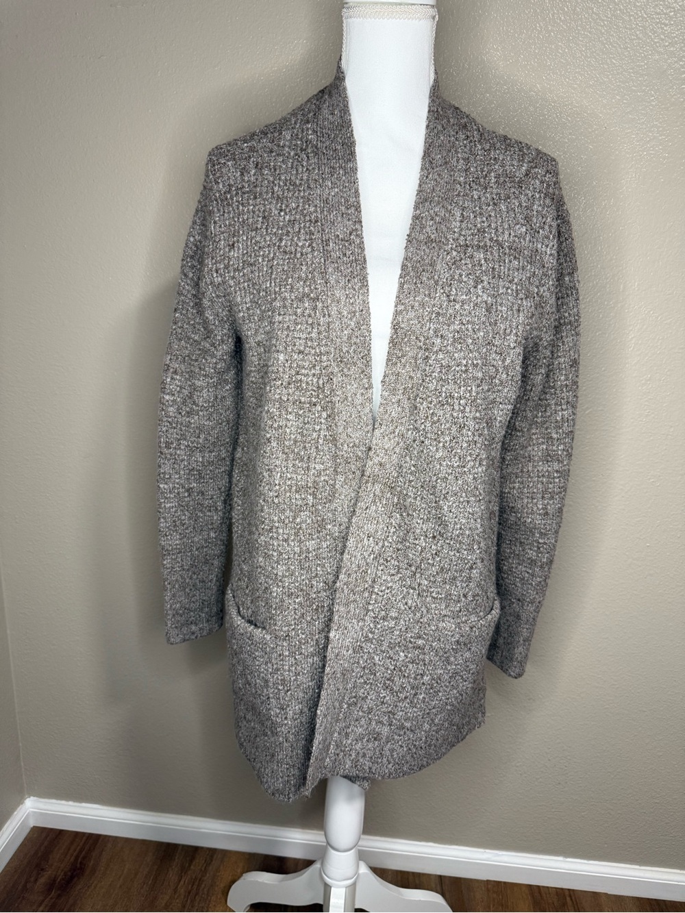 Caslon Women’s Heather Taupe Open-Front Waffle Knit Cardigan Sweater - Sz L, NWT